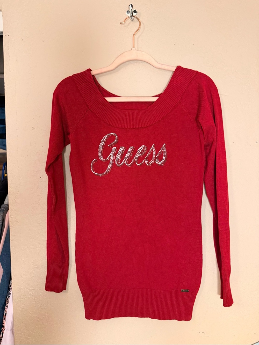 Guess Red Rhinestone Logo Knit Top - Picture 2 of 6